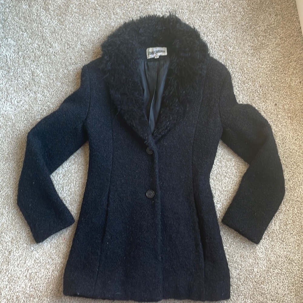 John Caruana Vintage 90’s Wool black Mongolian Lamb Collar Pea Coat Size:4